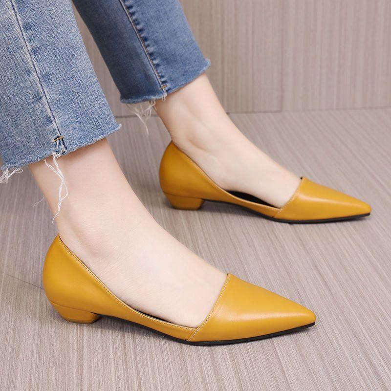Fashion Shoes for Woman 2024 Chunky Heels Women's Summer Footwear Block Heel Office Yellow Pointed Toe Low Elegant Young A on Sale Trend