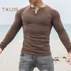 Spring Fall Men Top Buttoned Round Neck Slim Fit Long Sleeves Solid Color Pullover Mid Length Stretchy Sport Jogging T-shirt
