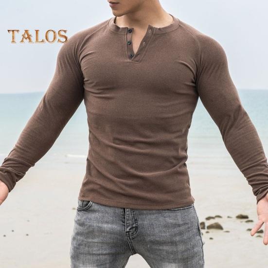 Jaro podzim pánské top s knoflíky, kulatým výstřihem, úzkým střihem, dlouhým rukávem, jednobarevný svetr, střední délka, elastické sportovní triko na jogging