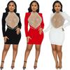 Fashion Sexy Rhinestone Mesh Beaded Backless Long Sleeve Midi Dress for Women