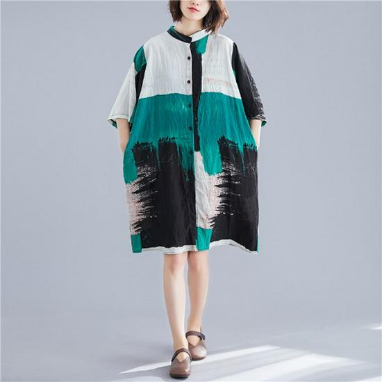 

Летняя рубашка из льна и хлопка с цветными блоками в стиле «художник» — корейский стиль, свободная и утягивающая, модная женская одежда больших размеров (2021) Plus Size зелёный