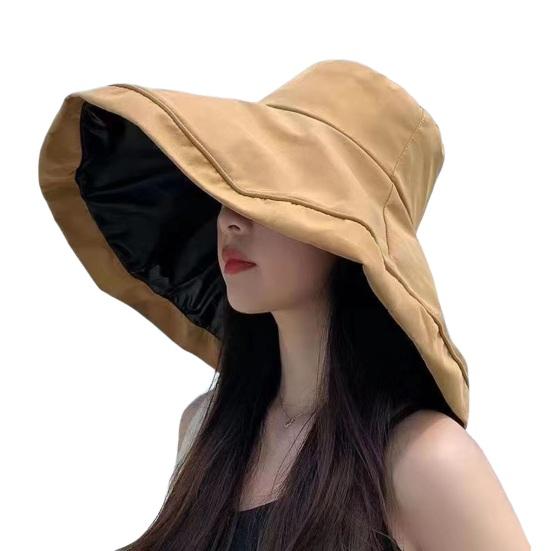 Women Fisherman Hat Big Brim Sun Protection Anti-UV Foldable Pure Color Windproof Strap Heat-resistant Vinyl Travel Beach Outdoor Cap