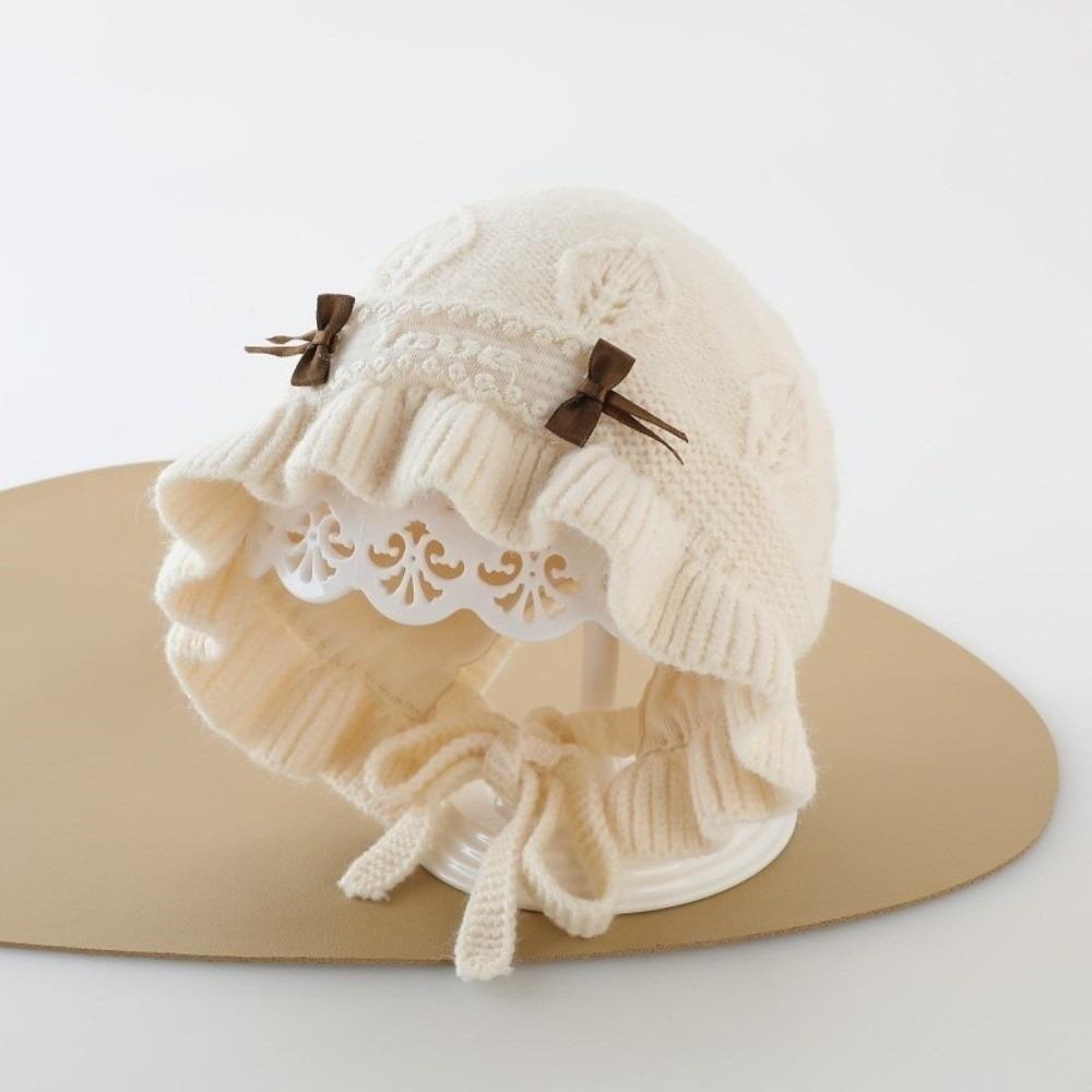 Ruffle Design Newborn Infant Hat Bow Detail Princess Bonnet Hat Soft Warm Hat  For Baby Girls