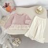 Trendy Baby Girl Lace Spliced Jacquard Cardigan Long Sleeve Knit Coat Stylish Outerwear