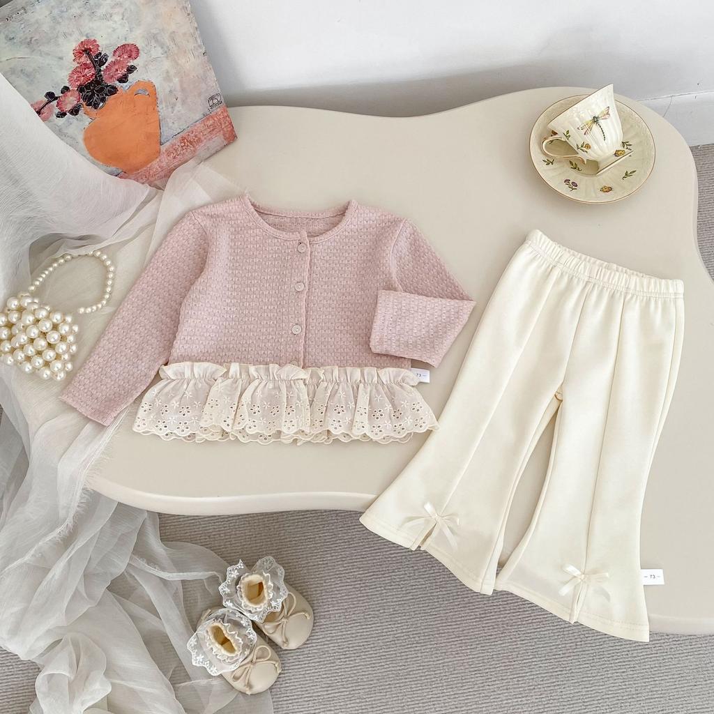 Trendy Baby Girl Lace Spliced Jacquard Cardigan Long Sleeve Knit Coat Stylish Outerwear