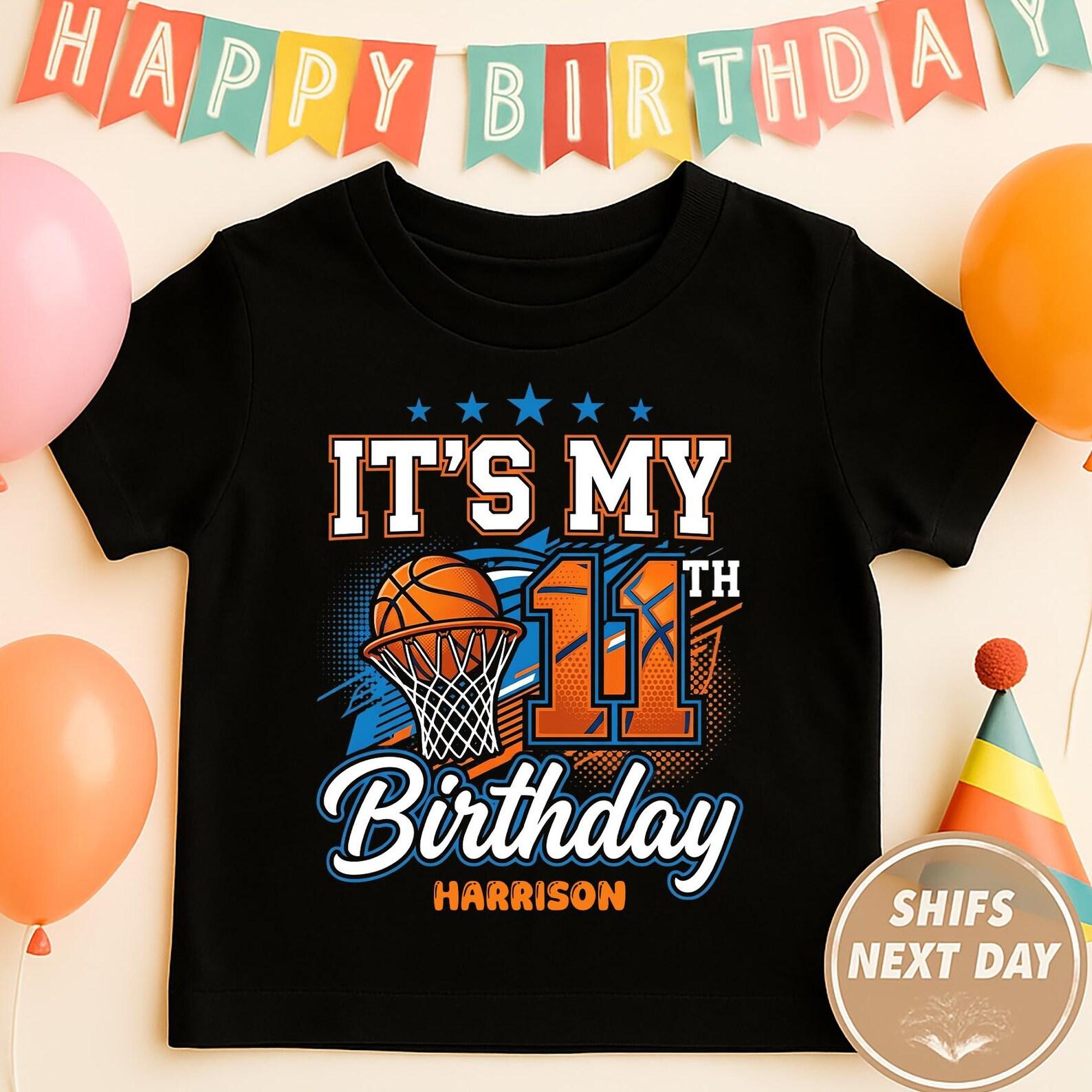 Personalized Basketball 11th Birthday Shirt For Boys, It’s My 11th Birthday Tee With Basketball Hoop, Custom Name Kids Sports Party T-Shirt 130