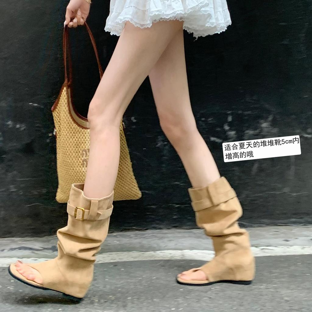 Spot Second Hair! Grape Mother Same Shoes Fashionable Spice Girls Wind Open Toes Thin Pile Medium Boots Toe Cold Boots Women