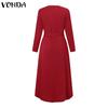 VONDA Women Autumn Loose Long Sleeve Round Neck Solid Color Dresses