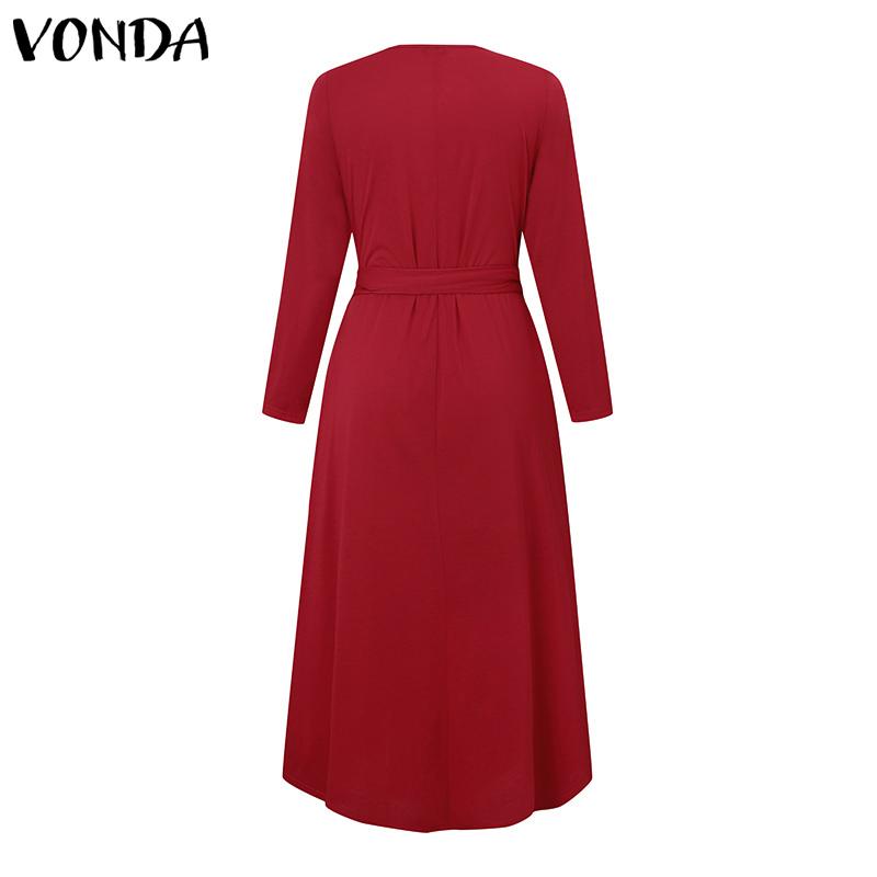VONDA Women Autumn Loose Long Sleeve Round Neck Solid Color Dresses