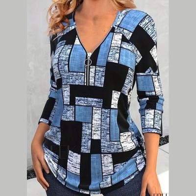 Women Autumn Long Sleeve Zipper V  Neck Color Block Pullover T Shirt Top