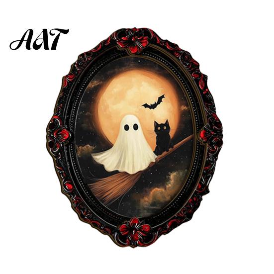 Dark Aesthetic Metal Cabinet Magnets Halloween Wooden Refrigerator Magnets, Vintage Gothic Oval Frame Fridge with Witch Indoor Theme Decorations Ghost