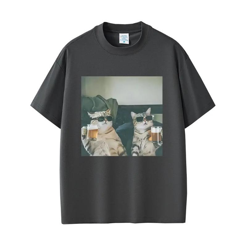 Baumwolle Coole Katze trinkt Bier Lustiges Meme Aufdruck T-Shirt Herren Lässig Vintage T-Shirt Mode Rundhals-T-Shirts