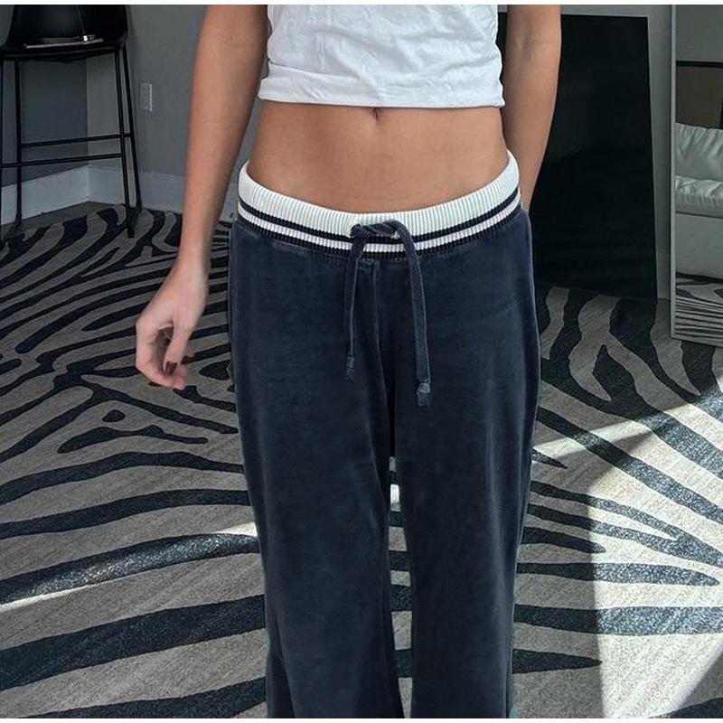 Blue Velvet Casual Pants Streetwear Stitching Straight Trousers Vintage Drawstring Low Rise Loose Women's Pants Basic 2025 Spring Autumn