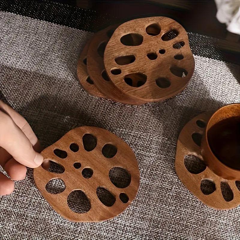 6pcs Wooden Lotus Root Piece Hollow Drain Coaster, Lotus Root Piece Hollow Shape Heat Insulation and Non-slip Hollow Drain, Desktop Decoration