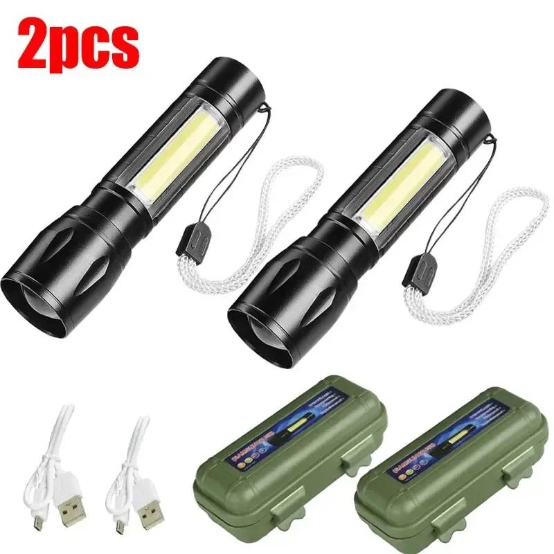 Mini LED Flashlight COB+XPE Portable Torch USB Charging Camping Lantern Zoomable Focus Light Tactical Flashlight with Pen Clip