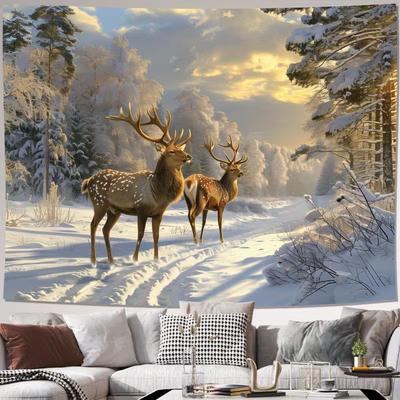2D Golden Hour Winter Deer Tapestry, Aesthetic Snowy Landscape Background Cloth