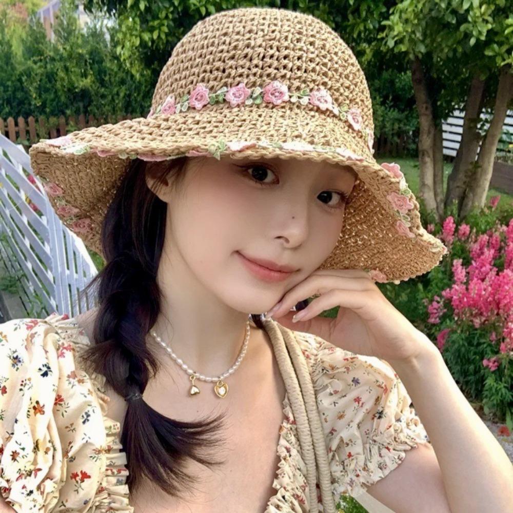Solid Color Women Visor Bucket Hat Large Brim Beach Hat Fashion Flower Straw Hat  Seaside Vacation