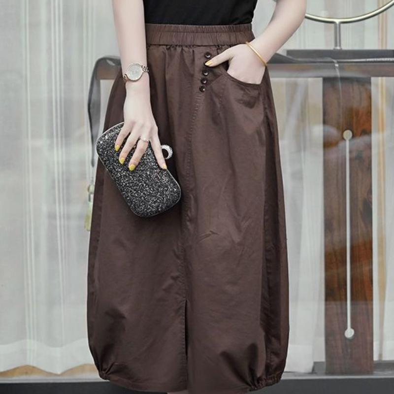 Women's High-Waist Slimming Bubble Hem Midi Skirt - Artsy Casual Vintage Style with Lantern Silhouette