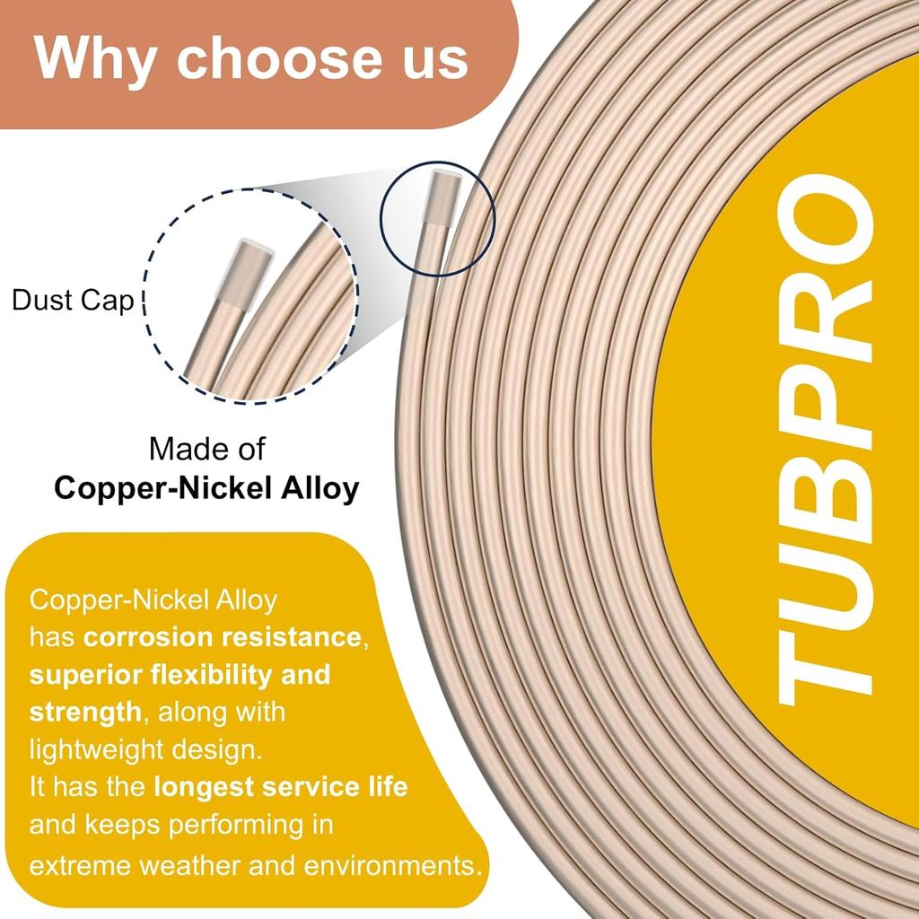 3/16 Brake Line [Made Of Genuine Copper Nickel, 3/16"ODx25FT], Brake Line Kit With 16 Nuts – Non-Magnetic Copper Tubing With Fittings For Brake