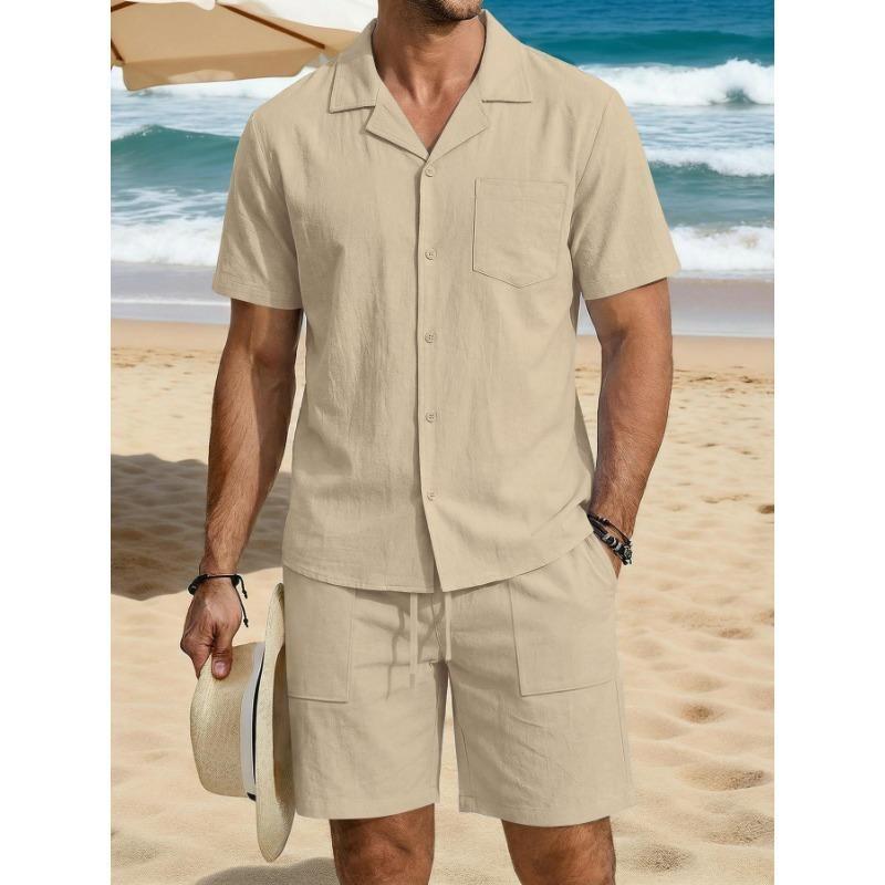Mens Casual Linen Short Sleeve Shirt And Shorts Set