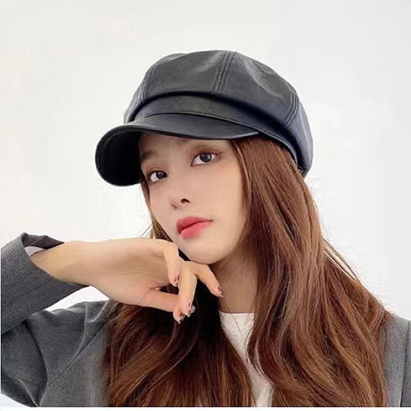 1PC PU leather octagonal hat duck tongue Korean version tide spring retro British style hat women's versatile beret
