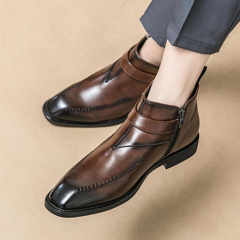 Fashion Men's Ankle Boots Formal Dress Leather Shoes Western Cowboy Style Lace-Up Casual Brown/Black Boots for Men zapatos