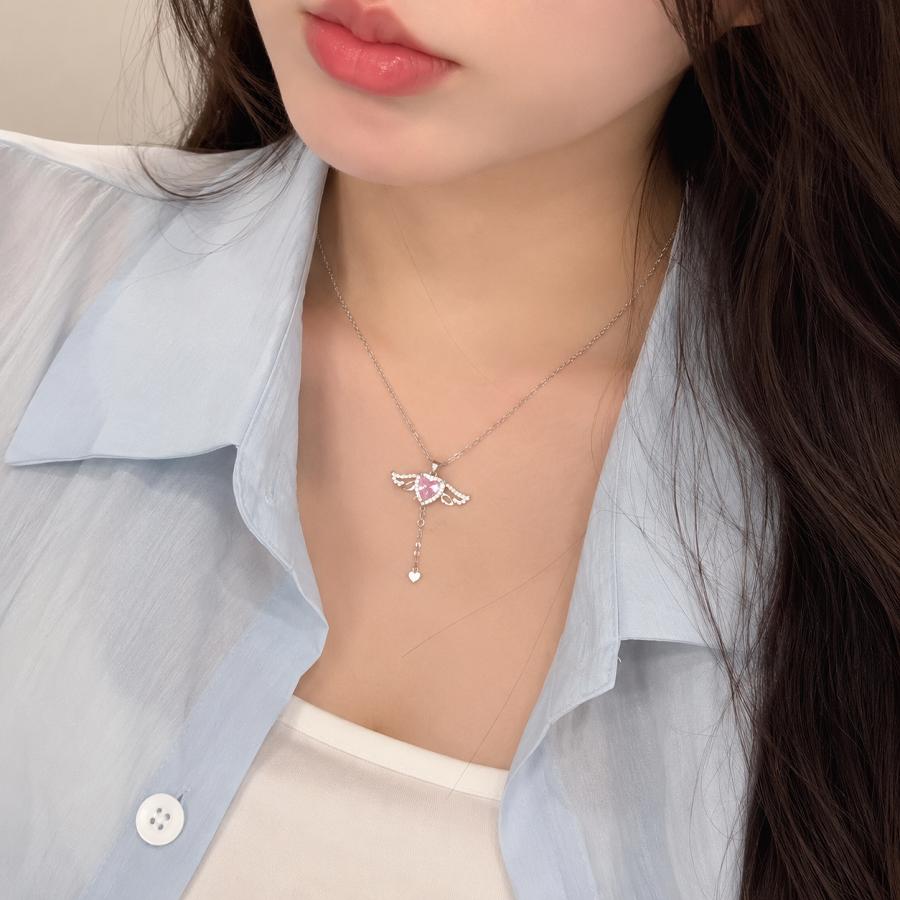 Collana Certificata in Argento Puro S999 con Ali d'Angelo, Ciondolo a Goccia Y con Cuore di Cupido e Cristallo Rosa, Gioiello Romantico Fairycore Regalo per Lei