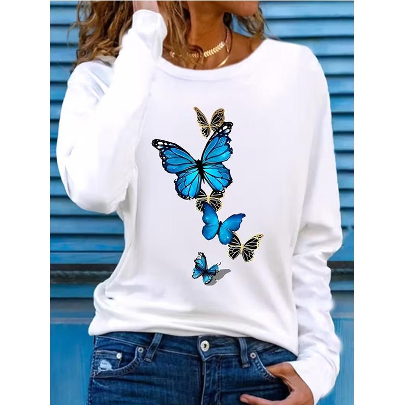 Women's Elegant Butterfly Print Tshirt Long Sleeve Crew Neck T Shirt Clothing Casual Graphic T-Shirt All Seasons Gothic Tee Tops