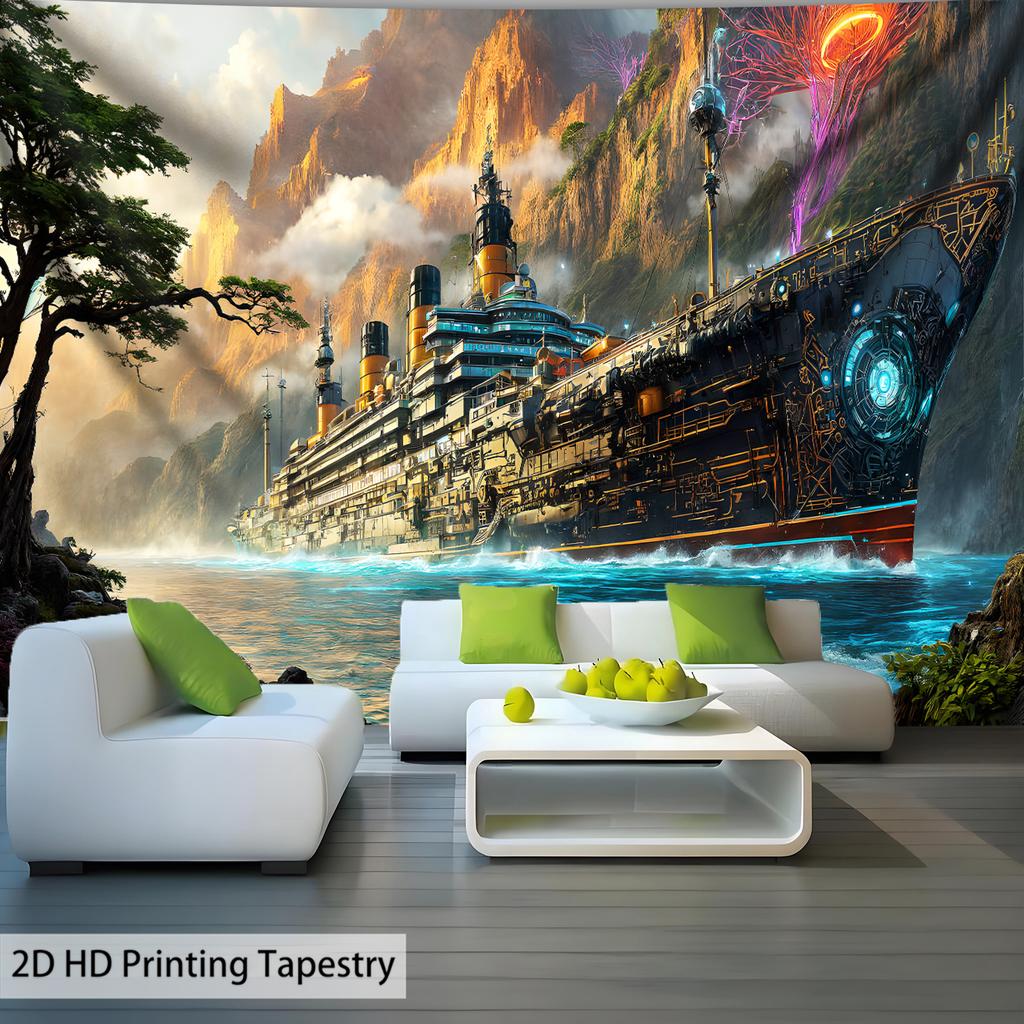 Sailing Ship Canyon Scenery Digital Printing Polyester Wall Hanging Tapestry Decorative Living Room Bedrooms Background Gift