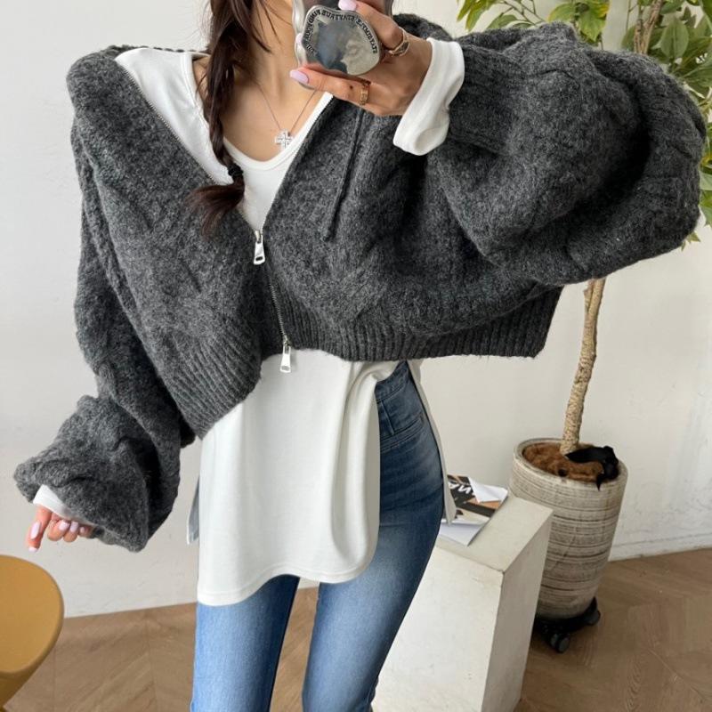

Hooded zipper twist short knitted cardigan autumn new fresh and sweet solid color tether sweater jacket One size темно-серого