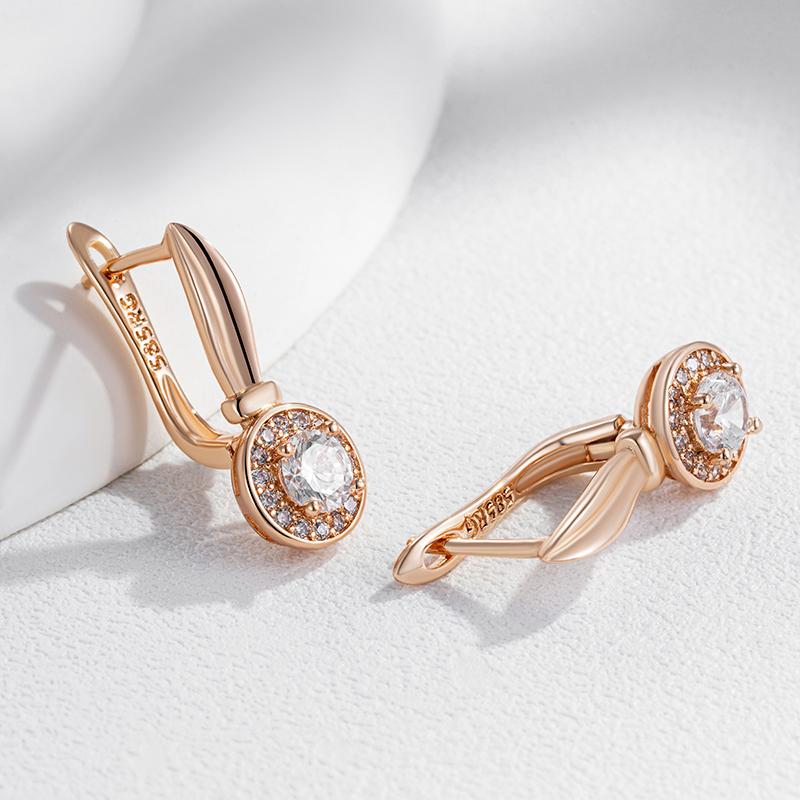 Simple  Rose Gold Color Round Dangle Earrings For Women Luxury Natural Zircon Accessories Bride Wedding Fine Jewelry