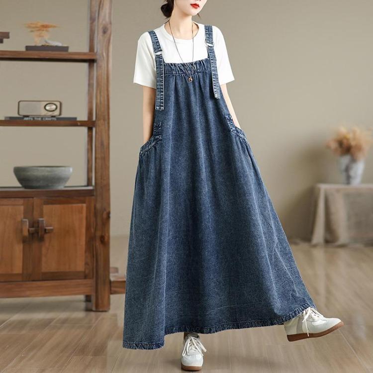 Vintage Denim Maxi Dress Women Plus Size Loose Casual Basic Sleeveless Long Dress Cotton