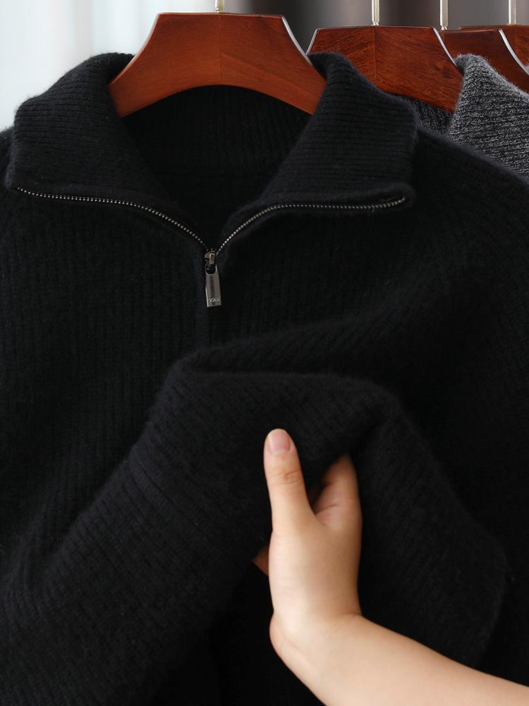 Men's Double-Ply Pure Wool High Neck Zipper Cardigan - Thickened Loose Casual Knit Sweater for Autumn and Winter.