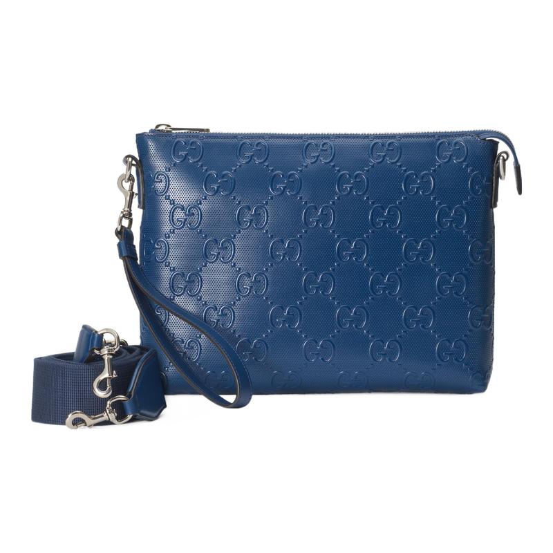Gucci GG printed embossed zipper closure leather messenger bag clutch medium size men's blue