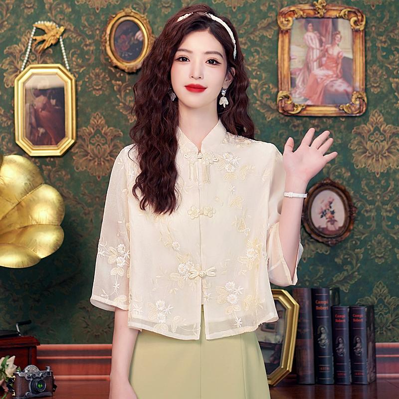 New Summer Fashion Chinese Style Embroidery Chiffon Blouse Shirt Women Tops Blouses Shirts J330
