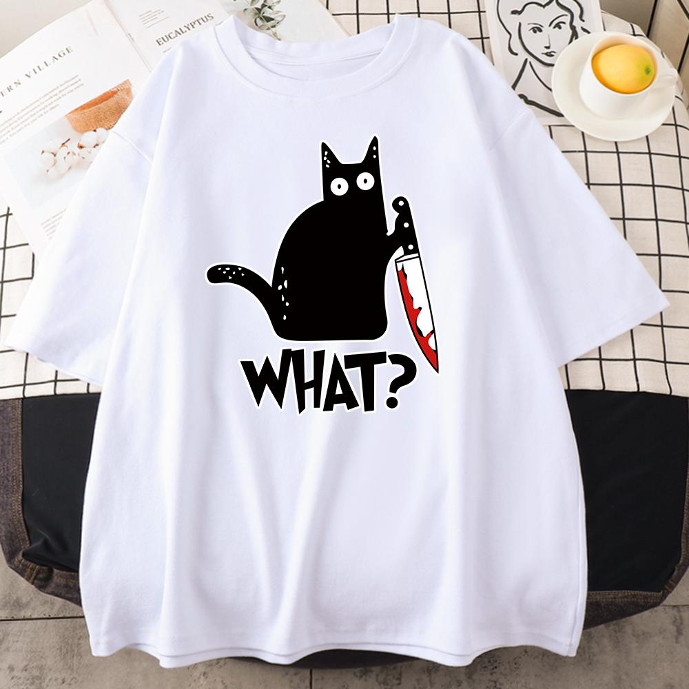 Killer Black Cat What Surprised Print Men's Cotton T-Shirt Creativity Funny Tops Oversize All-math Vintage Short Sleeve Man Tops