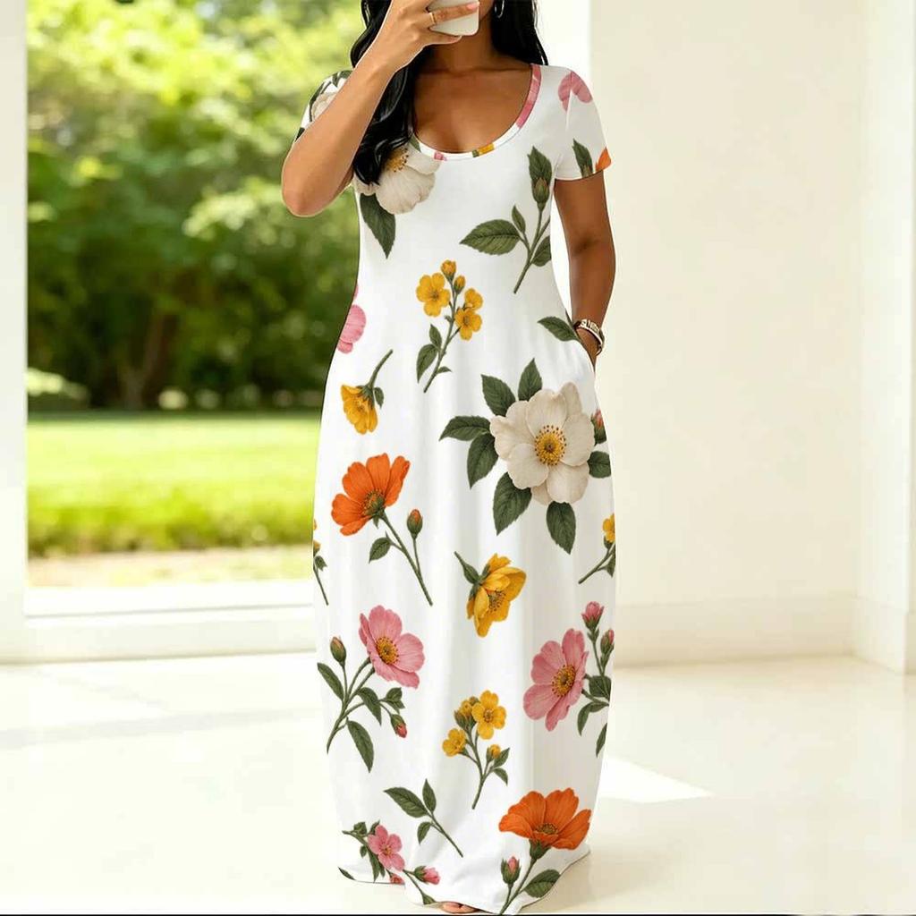Women Plus Size Round Neck Short Sleeve Floral Printed Side Pockets Loose Maxi Dress