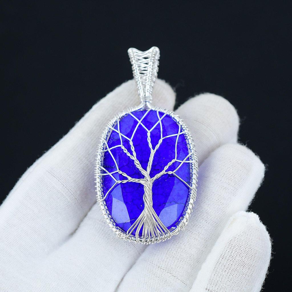Pendentif Saphir Bleu Pierre Précieuse, Pendentif Fait Main en Argent Sterling 925, Bijou Saphir Fil Enveloppé, Bijou Arbre de Vie Fil Enveloppé