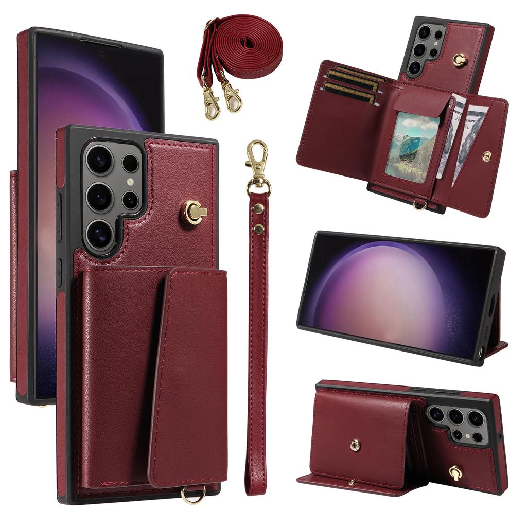 For Samsung Galaxy S24 Ultra Crossbody Phone Case Card Holder Kickstand Leather Coated TPU Mobile Cover
