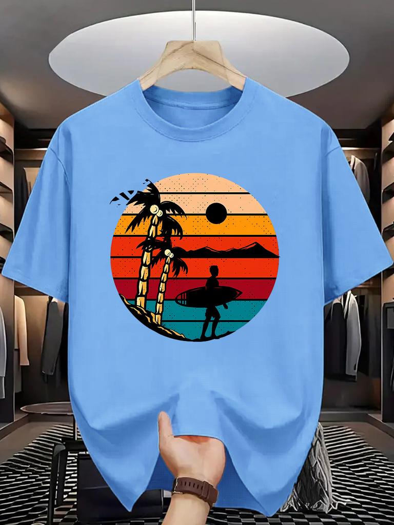 Beach Surf Unisex Short Sleeve Tshirt Retro Striped Sunset Palm Tree Surfer Silhouette O Neck Tee Holiday Male Casual Fashion Tops