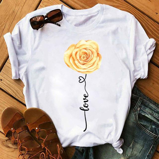 New Fashion Women Black T Shirt Friends Gift Flower Love Print Cute Tee Shirt Female Harajuku Tops Woman Short Sleeve T -Shirts