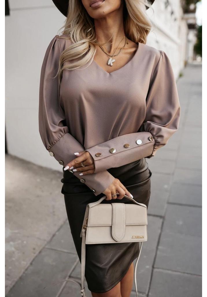 2024 Autumn Fashion Women's V-Neck Long Sleeve Button-Down Solid Color Top
