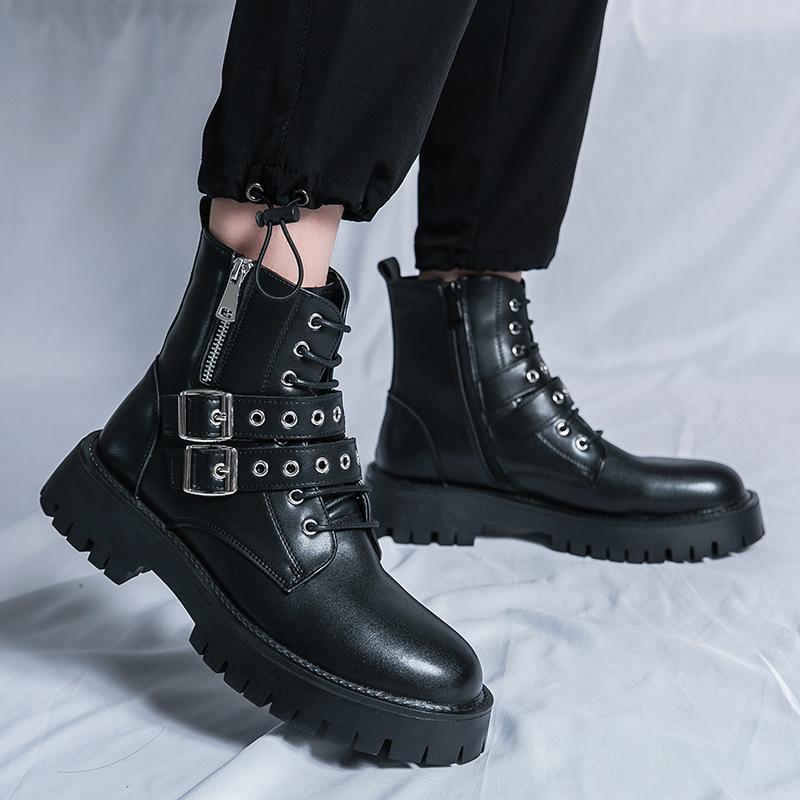 Fashion Men's Boots Large Size High Top Zipper Tooling Leather Boots High Quality Trend Belt Buckle Mens Shoes Botas Para Hombre