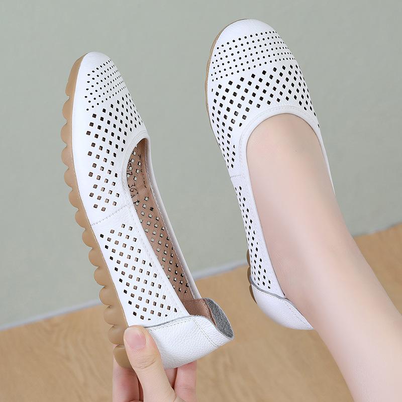 Fashion GKTINOO White Genuine Leather Ladies Breathable Summer Shoes Women Flats Slip-On Loafers Round Toe Soft Flat Shoes Casual