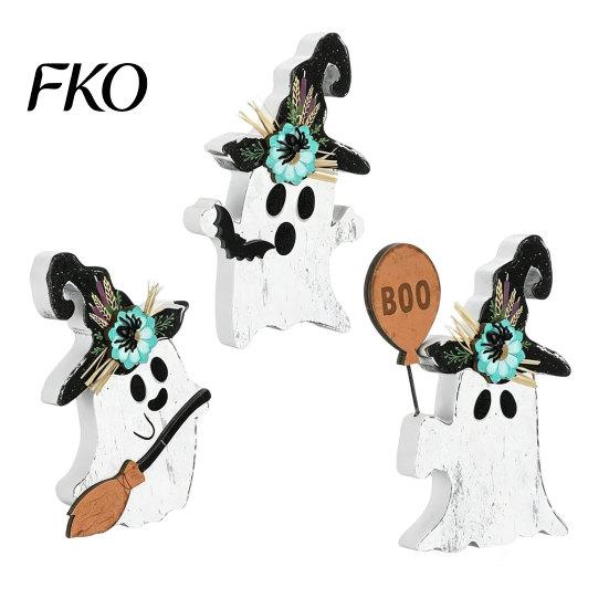 Seasonal Home Decoration 3Pcs Halloween Decoration, Black Cat Ghost Witch Hat Table Decor, Fall Decor Rustic Farmhouse Wooden Centerpieces for Office
