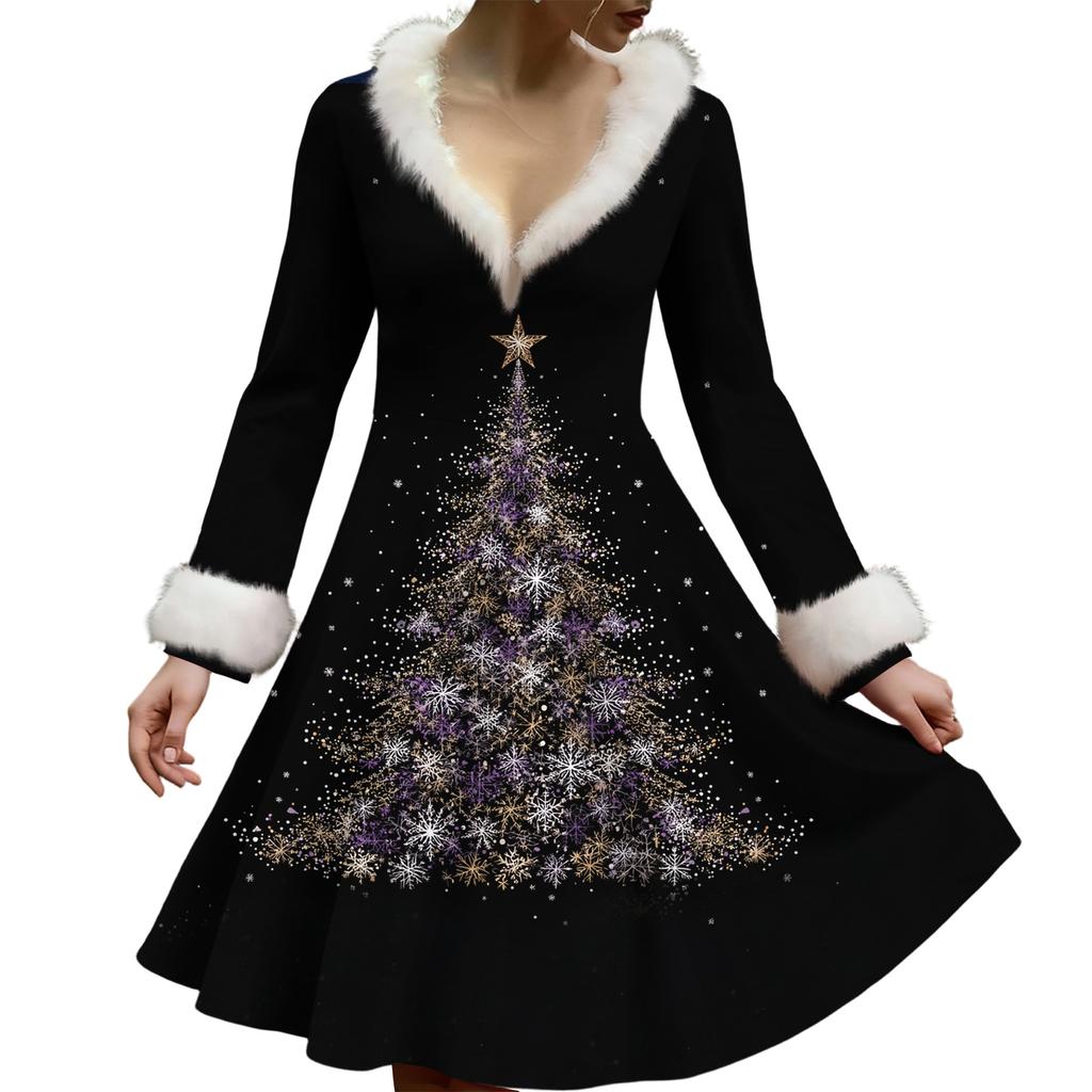 Women's Casual V-neck Christmas Print Plush Long-Sleeve Casual Dress