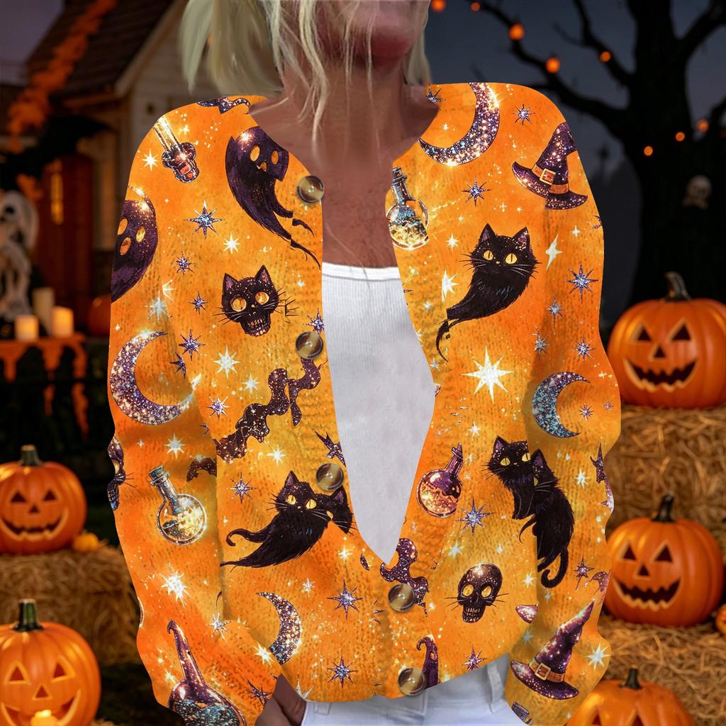 Womens Halloween Print Long Sleeve Knit Cardigan Button Up Sweater Coat Lightweight Casual Outerwear for Fall and Winter