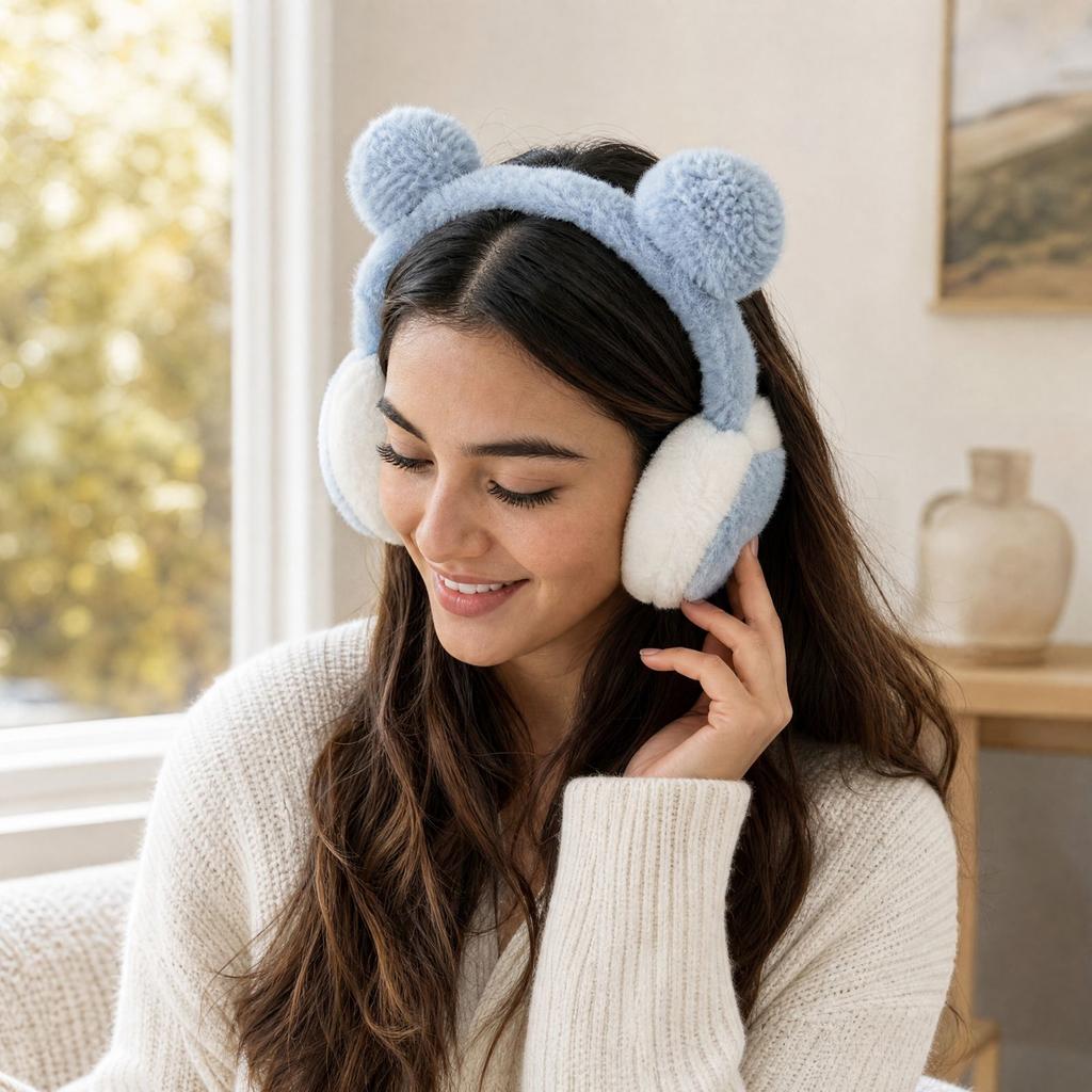 Winter Plush Earmuffs with Bear Ear Design, Warm Ear Covers for Cold and Outdoor