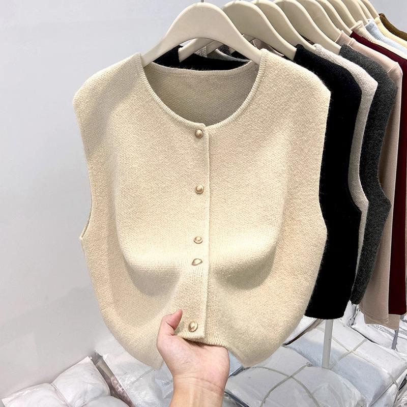 

Women s Retro Layered Round Neck Sleeveless Cardigan Sweater One size абрикосовий