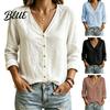 Women Cotton Linen Blouse V-Neck Long Sleeves Shirt Solid Color Button Front Soft Shirt Blouse Breathable Loose Fit Casual Top for Early Autumn